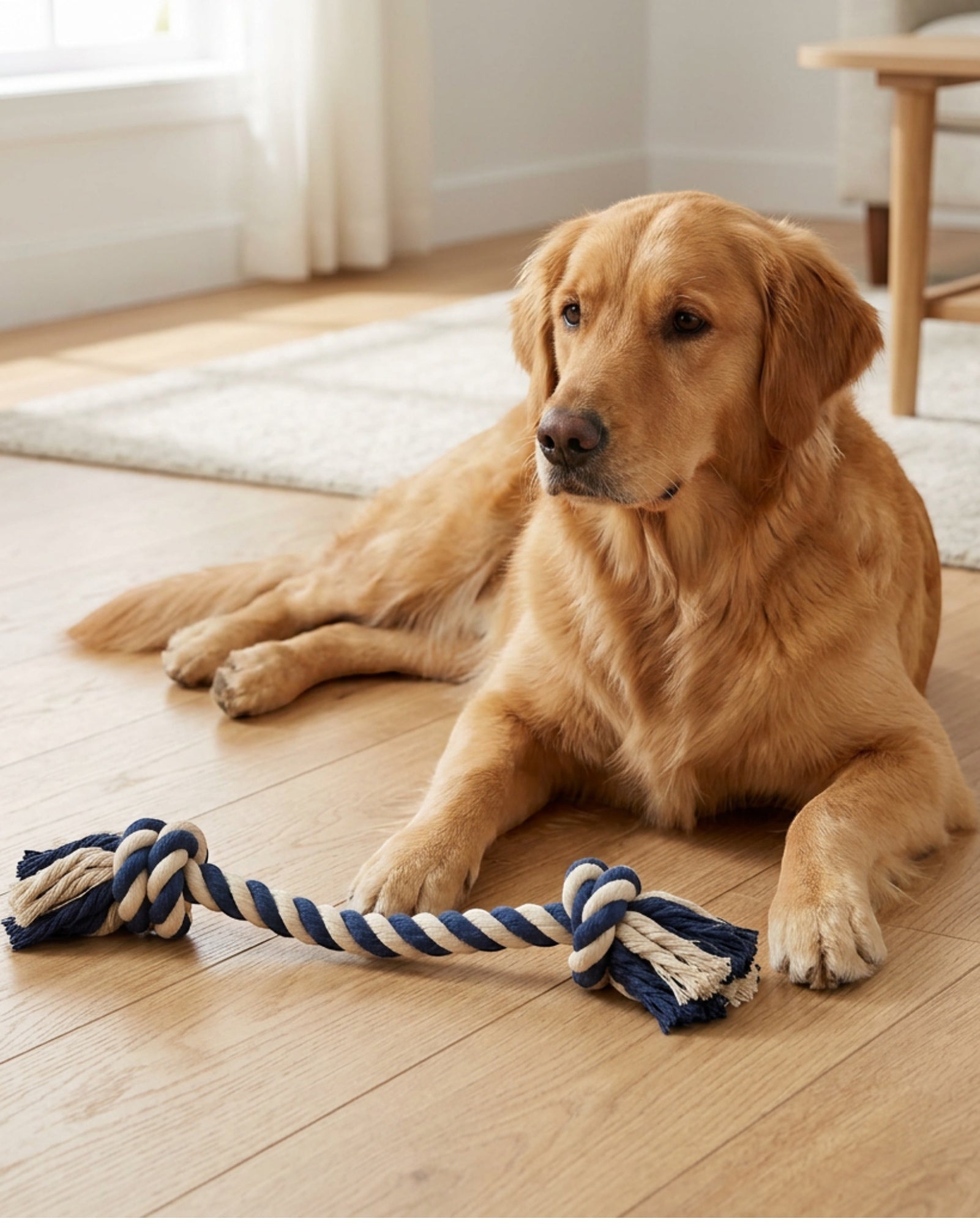 Zlos Braided Rope Tug with Two Knots 45 cm Navy and Natural - Lifestyle view
